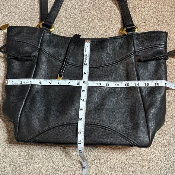 Oryany black supple leather braided drawstring tassel sides slouchy hobo bag - Picture 8 of 13